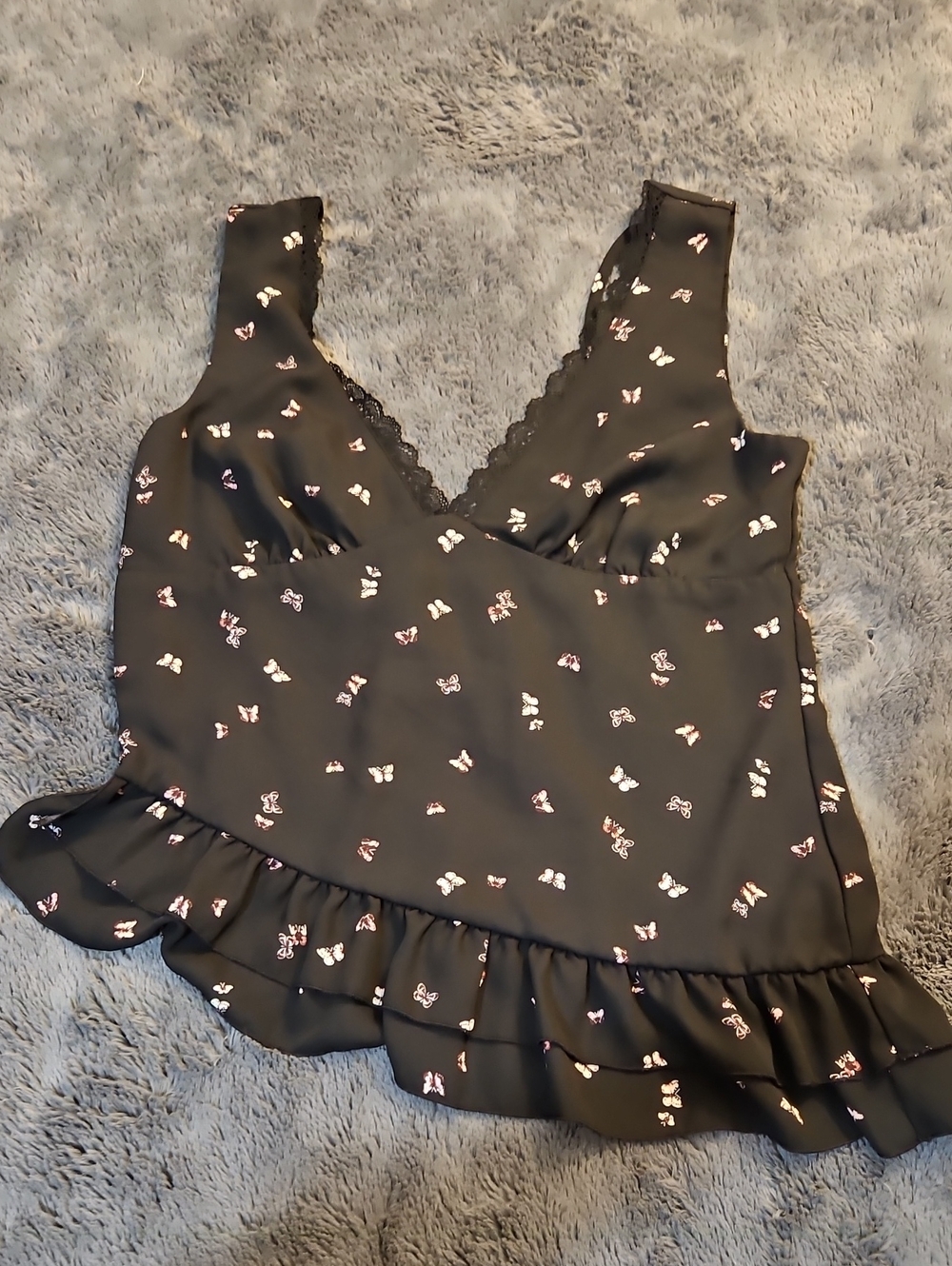 wild fable Black Butterfly Print Ruffle-Trim Camisole NWOT